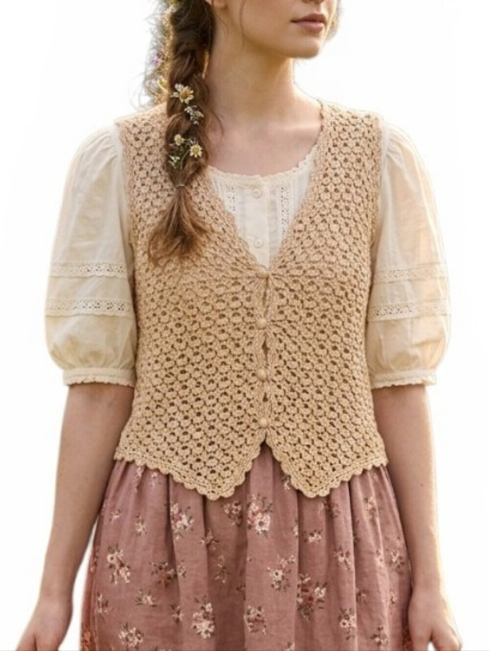 Vintage Forenza Crochet Knit Vest Tan Beige Medium